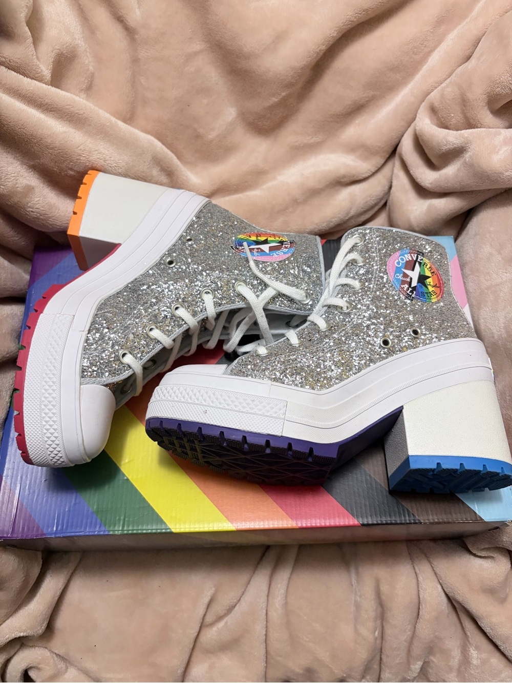 Converse Silver Glitter Platform High-Top Sneakers with Rainbow Soles